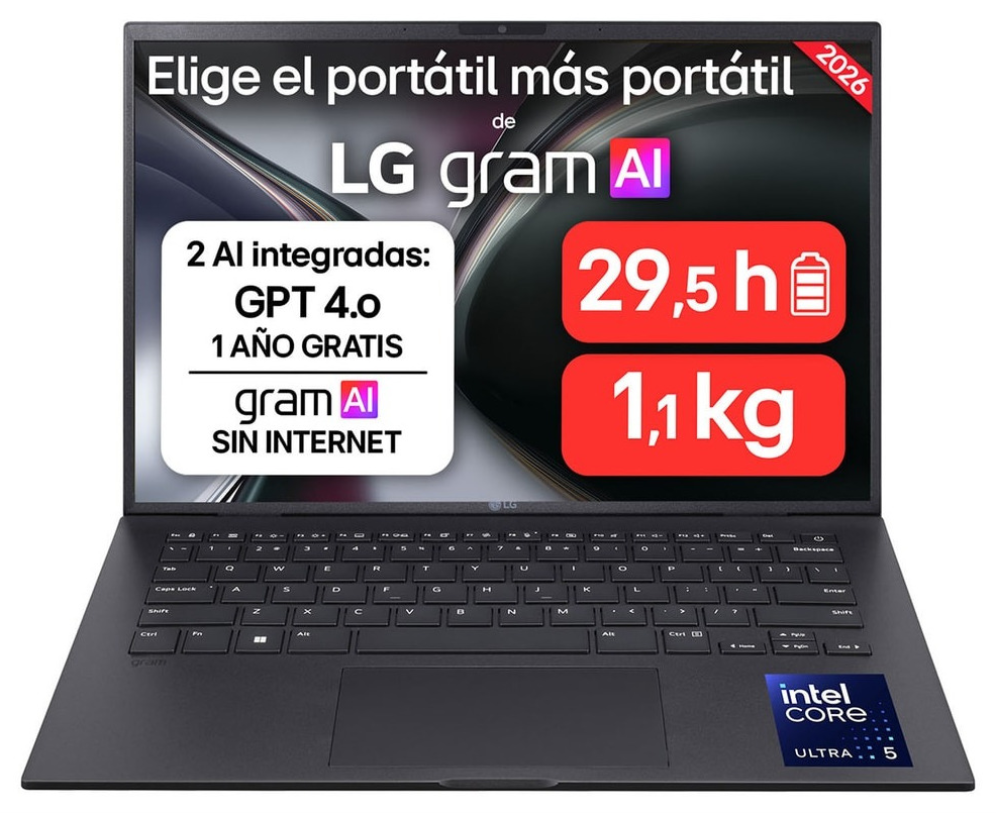 Portatil LG gram u5 16gb 512gb 14" wuxga freedos noac · 14ZB90S-G.AX55BN · vista 1