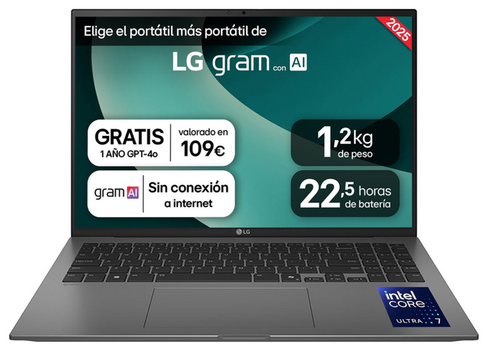 Portatil LG gram U5-225H 16gb 512gb 16" wqxga fdos. · 16ZD90T-G.AX55B · vista 1